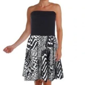 Aqua black and white patterned strapless dress